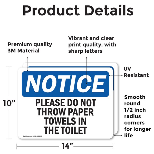 Please Do Not Throw Paper Towels In The Toilet, 14 In W X Rectangle, Vinyl Decal